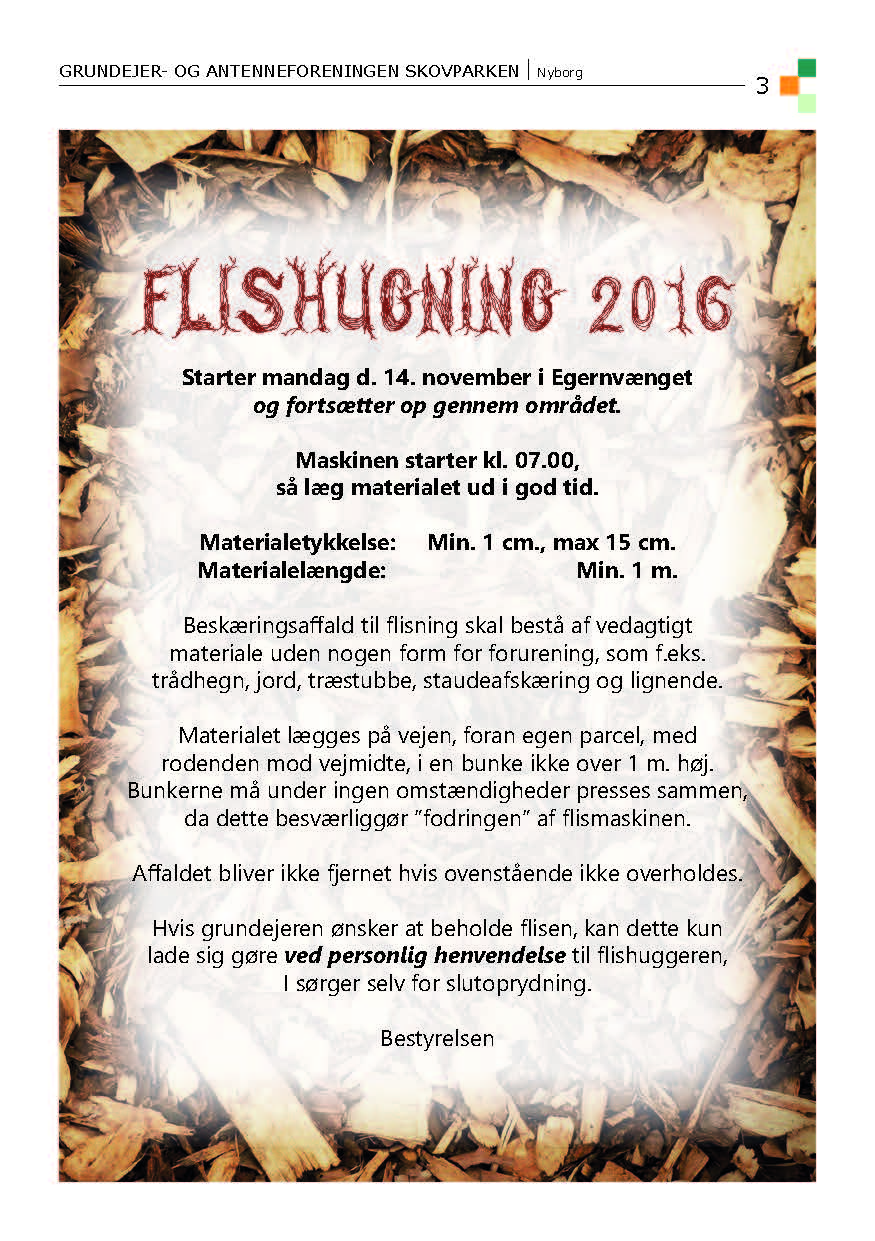 Information omkring flishugning, mandag d. 14. november 2016